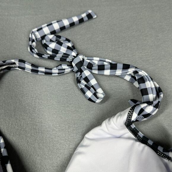 Womens Swimsuit Large Black and White Gingham Halter Tie Deep V Neck One Piece - Picture 5 of 9